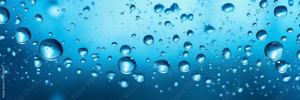 Blue Water Drops Background. Close-Up Of Crystal Clear Raindrops On Glass Blue Surface. Generative AI