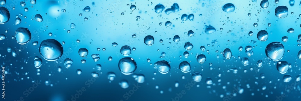 Blue Water Drops Background. Close-Up Of Crystal Clear Raindrops On Glass Blue Surface. Generative AI Blue Water Drops Background. Close-Up Of Crystal Clear Raindrops On Glass Blue Surface. Generative AI