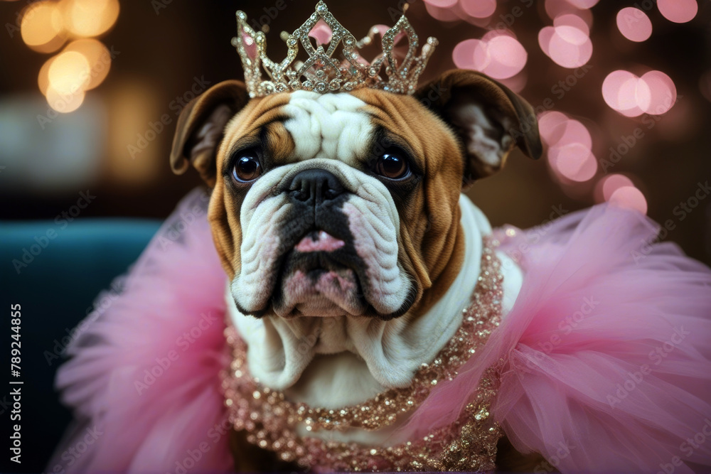 wig bulldog ugly tutu princess dressed canino expression blond pedigree girl emotion domestic card purebred costume face animal spoiled portrait wrinkly weird puppy hair bored