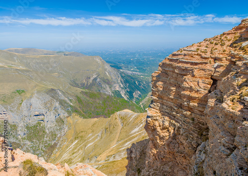 Monte Sibilla (Italy) - The landscape summit of Mount Sibilla, in Marche region province of Ascoli Piceno. Panoramic trekking landmark in the Monti Sibillini mountain natural park.