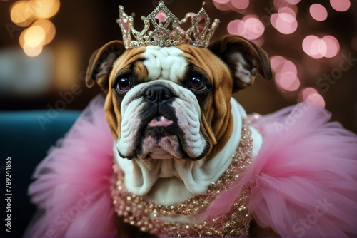 wig bulldog ugly tutu princess dressed canino expression blond pedigree girl emotion domestic card purebred costume face animal spoiled portrait wrinkly weird puppy hair bored