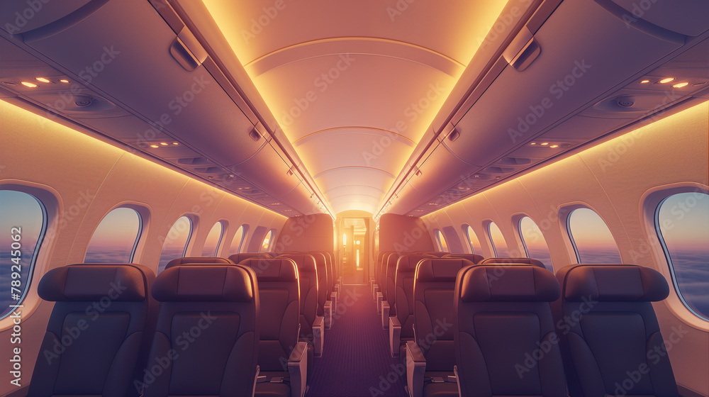 Spacious clean interior of a flying passenger aircfaft with empty seats in business class at sunset