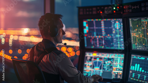 Air traffic controller operating in the control tower at the airport, supervising flights of airplanes photo
