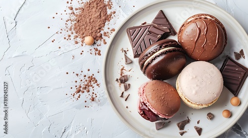 Ice cream chocolate and macaroons on a plate