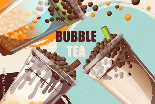 Background with bubble tea. Bubble tea with tapioca in plastic cups. Boba tea. Web banner. Vector illustration.