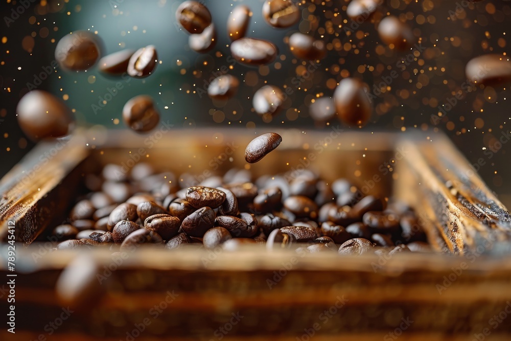Visually engaging photograph of coffee beans frozen in mid-air above a nostalgic wooden crate Visually engaging photograph of coffee beans frozen in mid-air above a nostalgic wooden crate