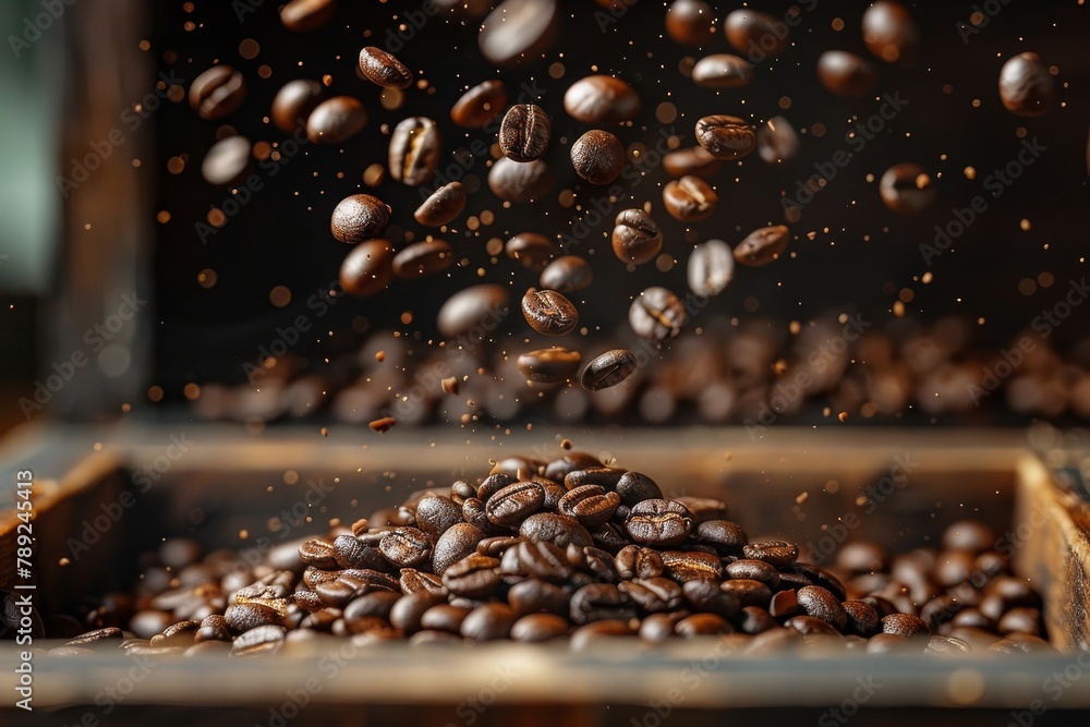 Coffee beans captured in mid-air creating a visually captivating scene that highlights the beauty and dynamics of coffee Coffee beans captured in mid-air creating a visually captivating scene that highlights the beauty and dynamics of coffee