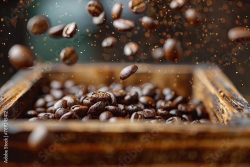 Visually engaging photograph of coffee beans frozen in mid-air above a nostalgic wooden crate