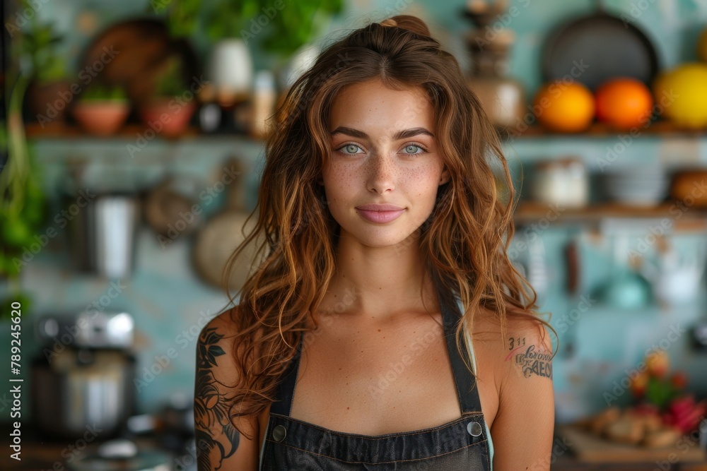 A young woman with striking blue eyes and tattoos poses in a homely kitchen filled with utensils and fresh produce