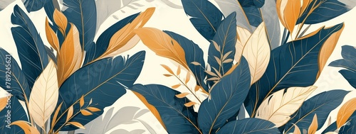 Abstract Botanical Illustration of Green and Orange Tropical Leaves with Black Stripes