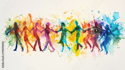 Abstract watercolor painting of diverse people group united  colorful brushstrokes splashes form figures holding hands in circle. Vibrant colors  flowing forms  unity illustration