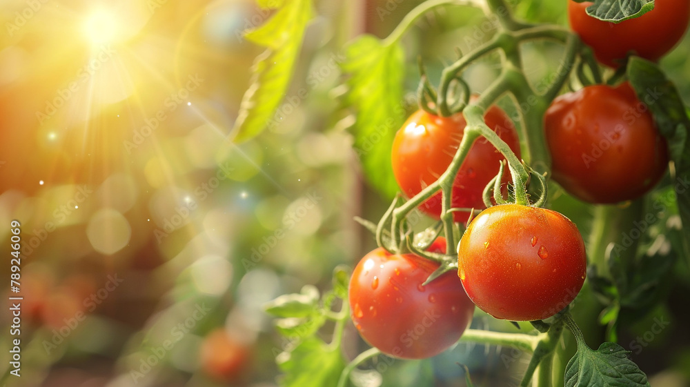 Ripe tomatoes on the vine in an organic farm