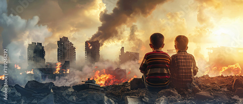 Kids sitting in front of city burned destruction photo