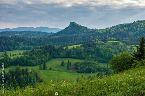 Green mountain landscape.View on Pieniny and Gorce mountain range in Beskids in Poland. Pieniny Mountains in the south of Poland. Located within the Pieniny National Park in Lesser Poland Voivodeship. photo