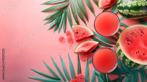 Watermelon slices and juice in a fresh watermelon color scheme with tints of palm leaves. A theme of summer with room for advertising, Generative AI. photo