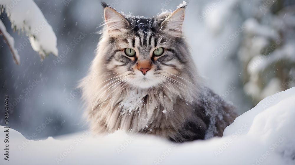 Norwegian Forest cat exploring a snowy landscape, its thick fur contrasting with the pristine white snow. Generative AI Pro Photo
Norwegian Forest cat exploring a snowy landscape, its thick fur contrasting with the pristine white snow. Generative AI Pro Photo