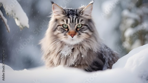 Norwegian Forest cat exploring a snowy landscape, its thick fur contrasting with the pristine white snow. Generative AI Pro Photo 