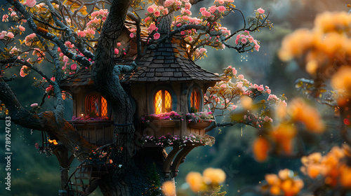 An elaborate treehouse, with a winding staircase leading up to it as the background, during a golden hour sunset