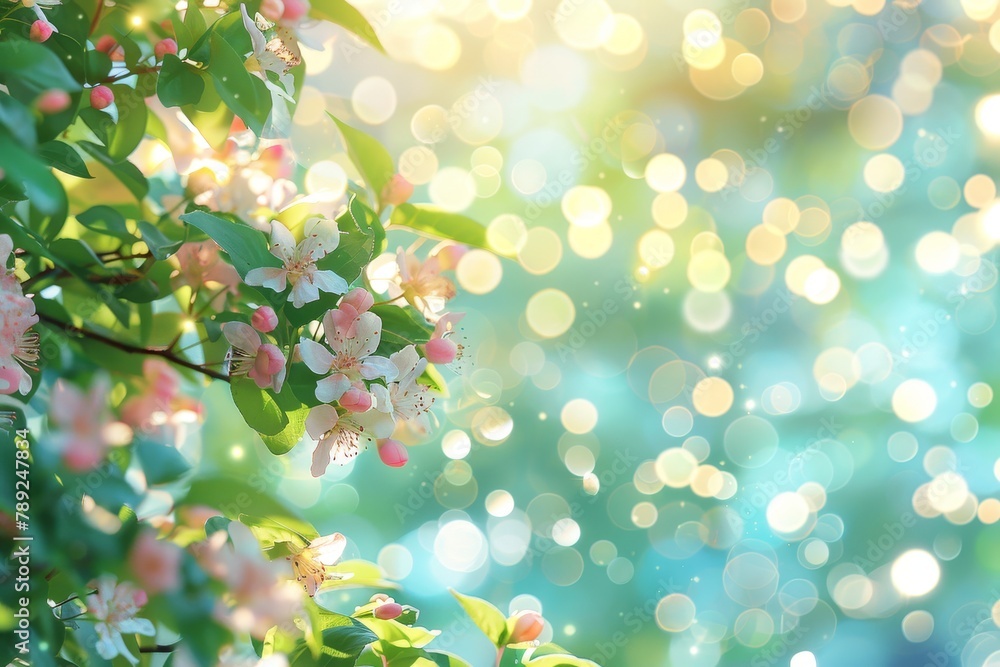 Blurred spring meadow with gradient sky and bokeh effect for serene nature background