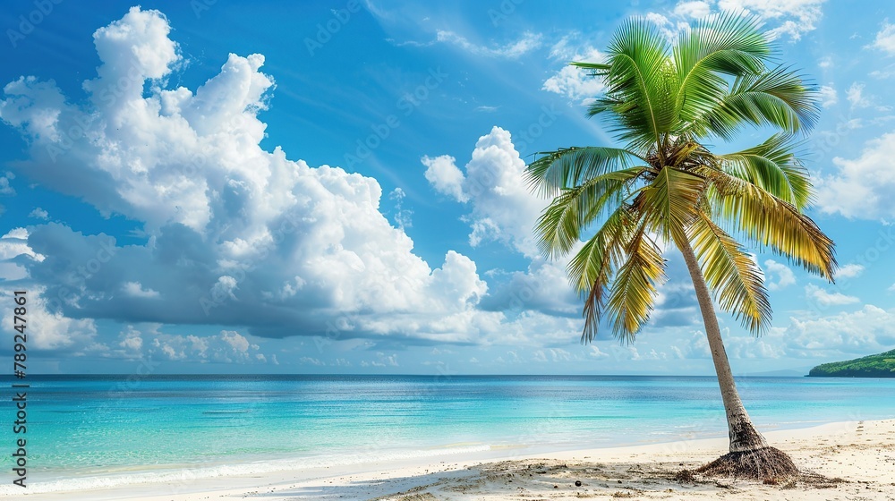 Beautiful palm tree on tropical island beach on background blue sky with white clouds and turquoise ocean on sunny day. Perfect natural landscape for summer vacation. copy space for text.