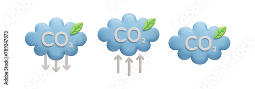 CO2 emission reduction, carbon neutral 3D vector illustration. Zero carbon footprint, carbon credit, CO2 offset eco friendly 3D icon set. Blue cloud with green leaf and CO2 emission reduction arrows.