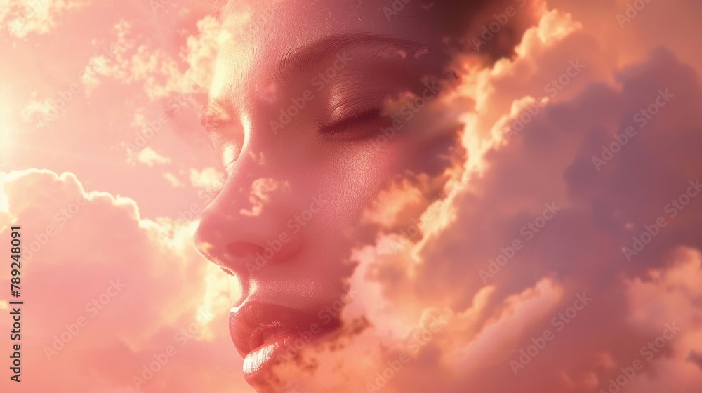 Heavenly visage A young womans gaze, deep and soulful, framed by clouds, on a dawn pink setting - obrazy, fototapety, plakaty 