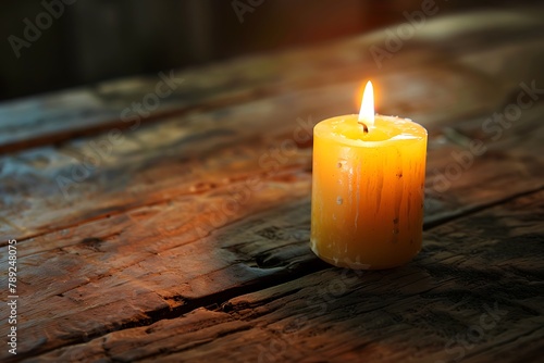 : A single, flickering candle casting a warm, comforting glow on a worn, wooden table