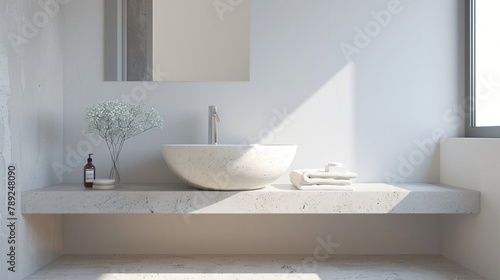 Minimalistic bathroom featuring a natural stone counter