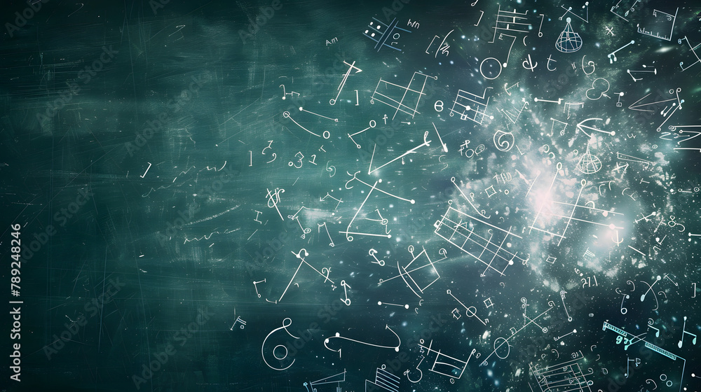 A chalkboard with mathematical formulas emerging from it. symbolizing the world of mathematics. A creative concept for math education A chalkboard with mathematical formulas emerging from it. symbolizing the world of mathematics. A creative concept for math education