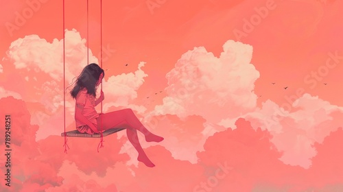 Reflective heights Amidst clouds, a woman sits, swinging, lost in thought, against a gentle coral pink sky