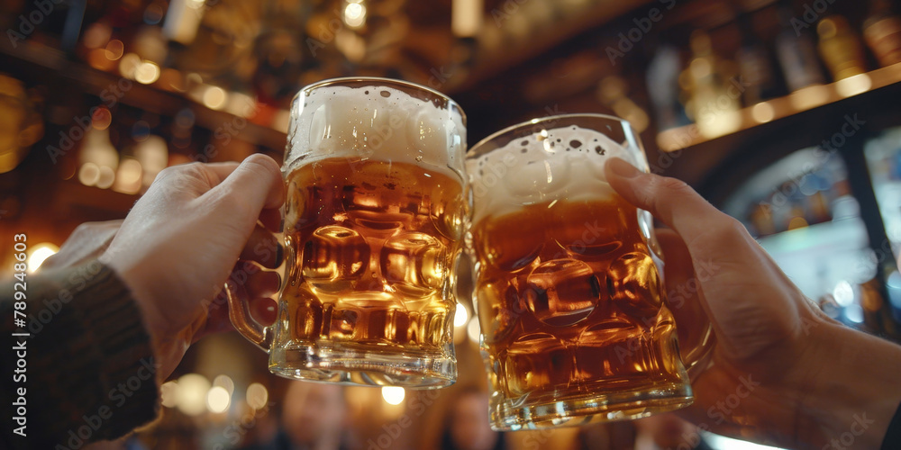Closeup of hands toasting beer glasses in bar with friends during evening party, celebrating and having fun together,, people cheering, cheers, happy moment, nightclub, Closeup of hands toasting beer glasses in bar with friends during evening party, celebrating and having fun together,, people cheering, cheers, happy moment, nightclub,