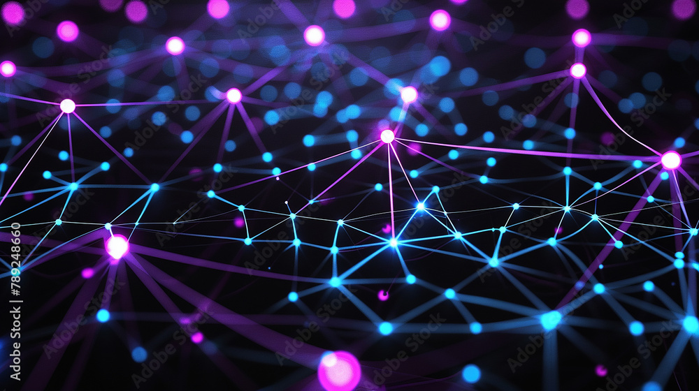 This portrayal showcases of glowing violet and blue dots connected by lines on a black background, simulating a neural network model. in a stunning visual representation. This portrayal showcases of glowing violet and blue dots connected by lines on a black background, simulating a neural network model. in a stunning visual representation.