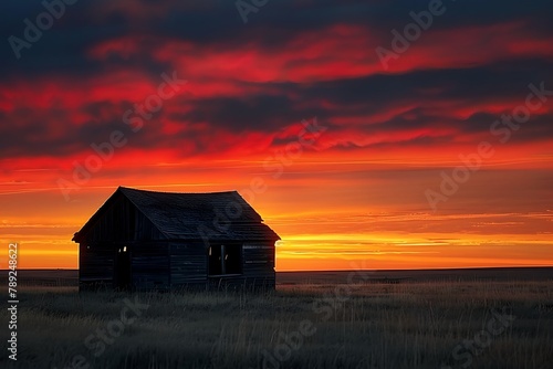 : A simple, weathered wooden shack standing alone in a vast, open prairie, silhouetted against a fiery sunset