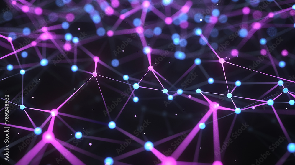 An artistic depiction of of glowing violet and blue dots connected by lines on a black background, simulating a neural network model. as seen in an image. An artistic depiction of of glowing violet and blue dots connected by lines on a black background, simulating a neural network model. as seen in an image.