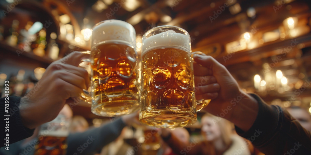 Closeup of hands toasting beer glasses in bar with friends during evening party, celebrating and having fun together,, people cheering, cheers, happy moment, nightclub, Closeup of hands toasting beer glasses in bar with friends during evening party, celebrating and having fun together,, people cheering, cheers, happy moment, nightclub,