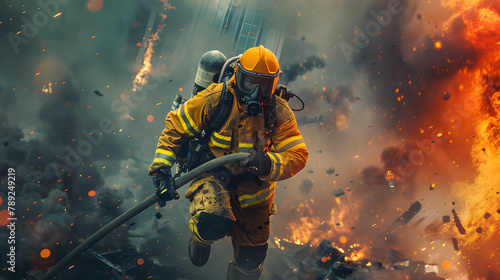 A cinematic picture of a firefighter sprinting with a hose in his hands. he is carrying many rescue tools on the burning building. He has a helmet and wears a yellow suit photo