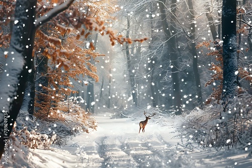   A serene scene of a snow-covered forest  with a deer walking cautiously through the woods  with snowflakes gently falling all around