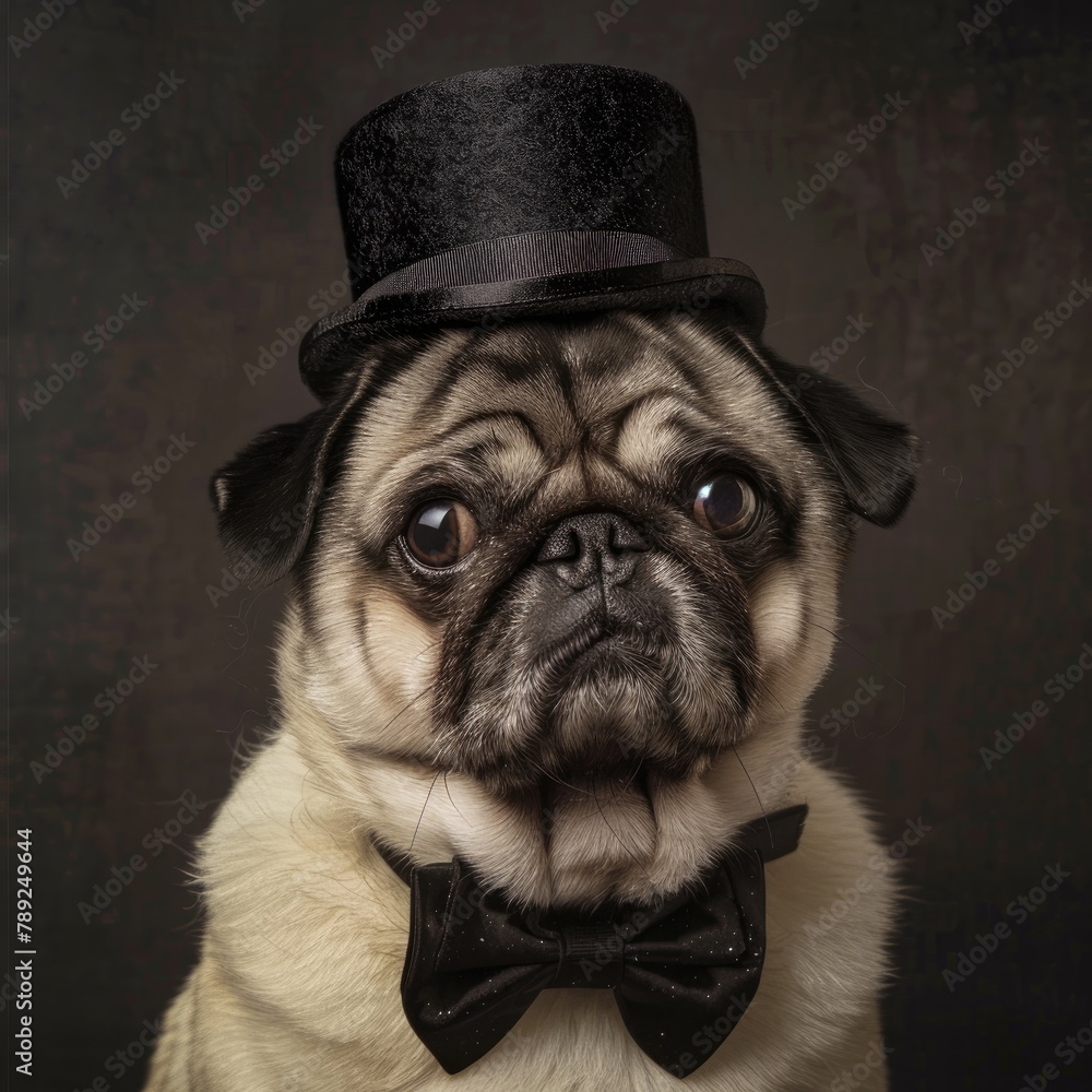 Pug in a wedding outfit with a tiny bow tie and top hat