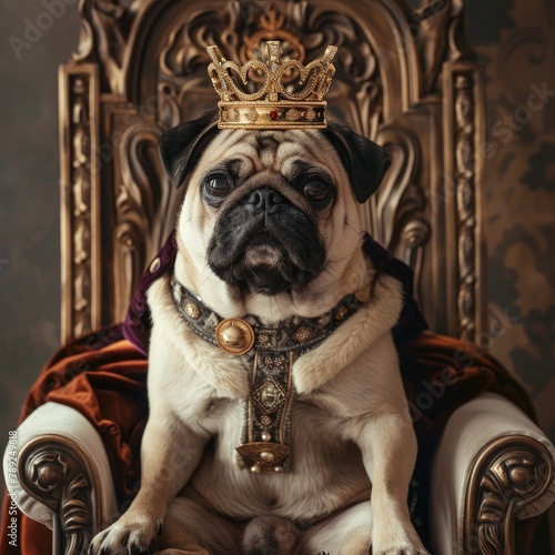 Pug dressed as a king with a crown and scepter sitting on a throne