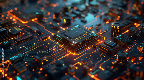 A close inspection of a high-tech semiconductor on the circuit board. showing off its intricate layout and glowing units. The background is dark with subtle light play enhancing the semiconductors fea photo