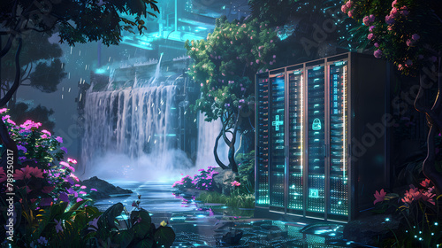 A cloud storage facility with hydroelectric dams and geothermal plants in the backdrop. encircled by a lush forest and neon lights on one side