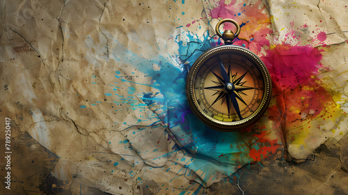 A compass pointing towards a splash of bright colors. symbolizing direction and exploration. The parchment background intensifies the radiant colors of its point.