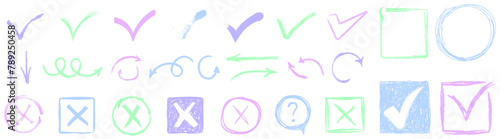 Hand drawn strokes and pen markings V marks for list items. Doodle check marks and underlines. Drawn marker elements, flags, ticks, underlines, brush lines, circles, rectangles. Vector illustration.
