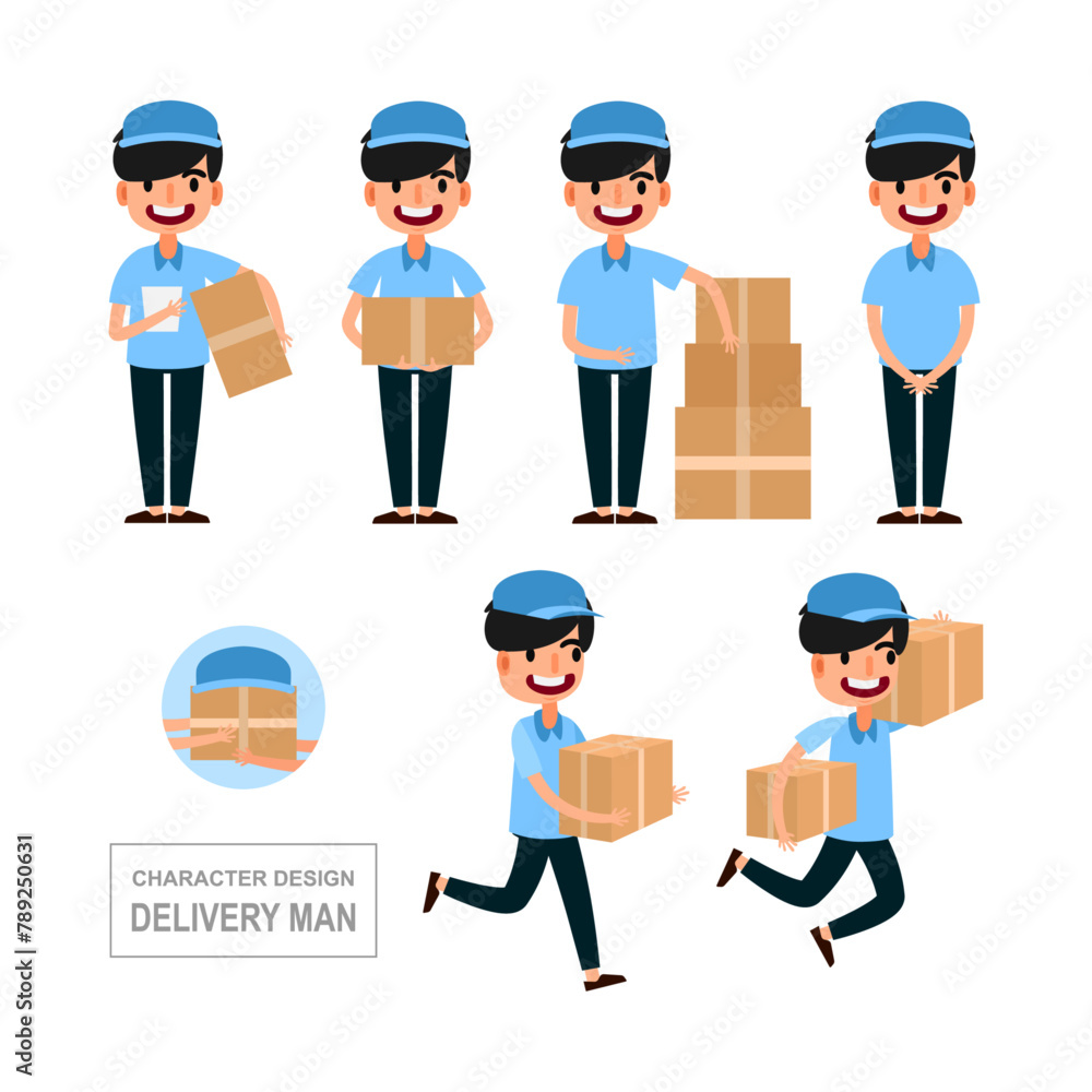 Men's Delivery Man Collection: Blue Uniform and Parcel Boxes Vector Illustration Men's Delivery Man Collection: Blue Uniform and Parcel Boxes Vector Illustration