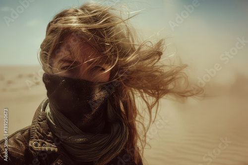 A photograph capturing a figure standing in a windy desert, their hair transforming into sand that s photo