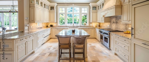 Luxury kitchen interior in light beige color with back splash trim and tile floor