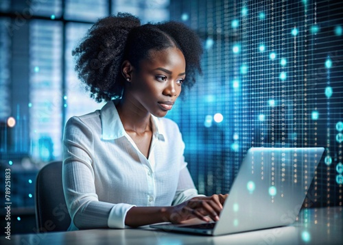 A beautiful young black African American girl in a suit is working on a laptop in an office with digital codes on a virtual screen. Digital technologies of the future. Software development.