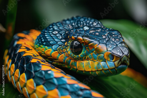 A photograph of a snake with a colorful plumage of feathers along its back, slithering through a rai photo