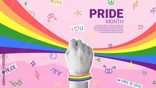 Bright collage for Pride Month. Vector banner with halftone hand holding rainbow. Collage with rainbow heart, cut out paper elements, halftone hand and doodles for decoration of LGBT events. photo
