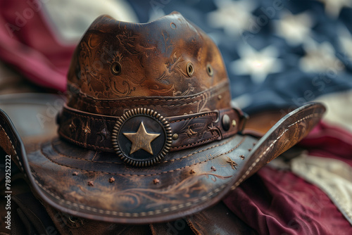 Western cowboy hat and American flag backdrop. Generative AI image photo